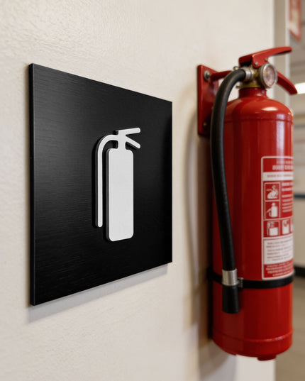 ALUMADESIGNCO fire extinguisher sign with modern safety design, premium emergency signage for offices, hotels, warehouses, and commercial interiors