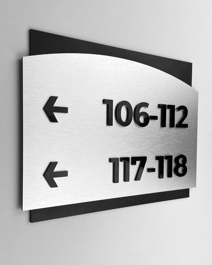 ALUMADESIGNCO directional wayfinding sign in Flow Design with sleek modern look, premium signage for offices, hotels, apartments, and interior spaces