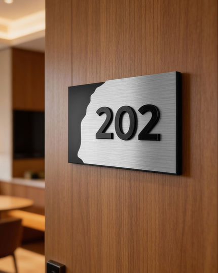 ALUMADESIGNCO premium brushed silver and acrylic hotel room door number sign with raised numbers, modern signage for hotels, apartments, and office interiors