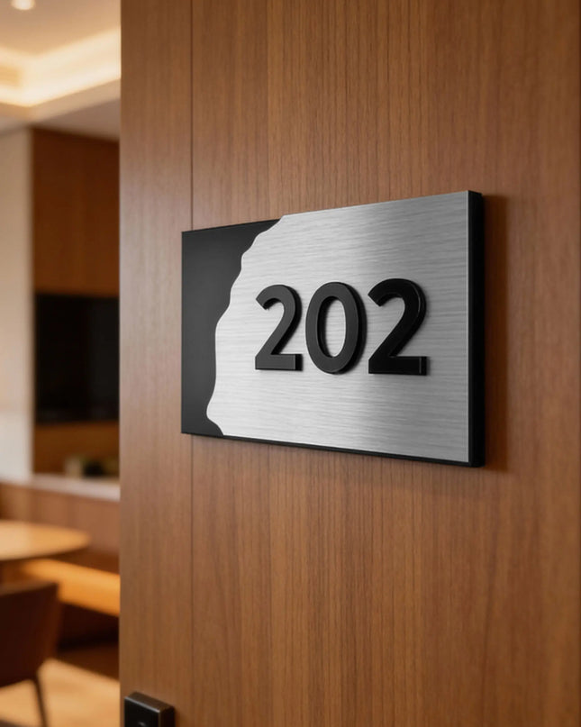 ALUMADESIGNCO premium brushed silver and acrylic hotel room door number sign with raised numbers, modern signage for hotels, apartments, and office interiors