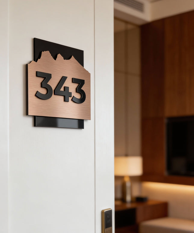 ALUMADESIGNCO Alpine Design brushed bronze hotel room number sign with raised acrylic numbers, modern door signage for boutique hotels, apartments, and interiors