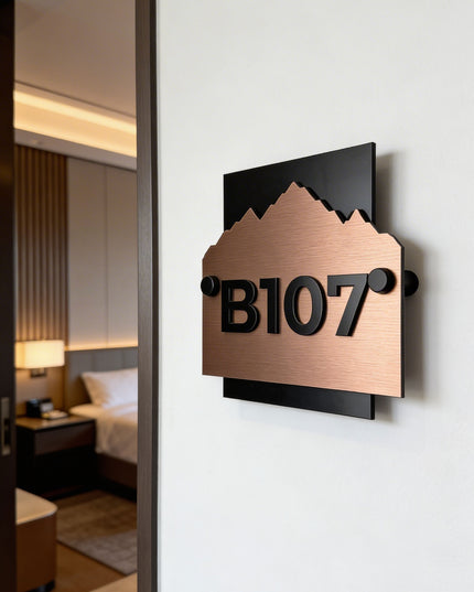Premium brushed bronze and acrylic door number sign Alpine Design by ALUMADESIGNCO, modern hotel room and apartment wall signage