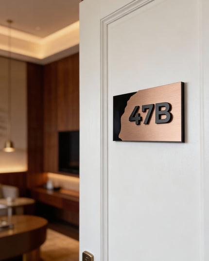 Interior room number sign Fusion Design by ALUMADESIGNCO featuring modern wood and acrylic construction, stylish door plaque for contemporary interiors