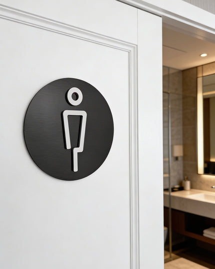 ALUMADESIGNCO male only restroom sign for doors, premium bathroom wayfinding signage for offices, hotels, apartments, and commercial spaces