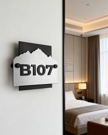 ALUMADESIGNCO Alpine Design custom hotel wall number plaque with brushed silver aluminum panel and raised black acrylic numbers, modern hotel room door signage for boutique hotels and apartments