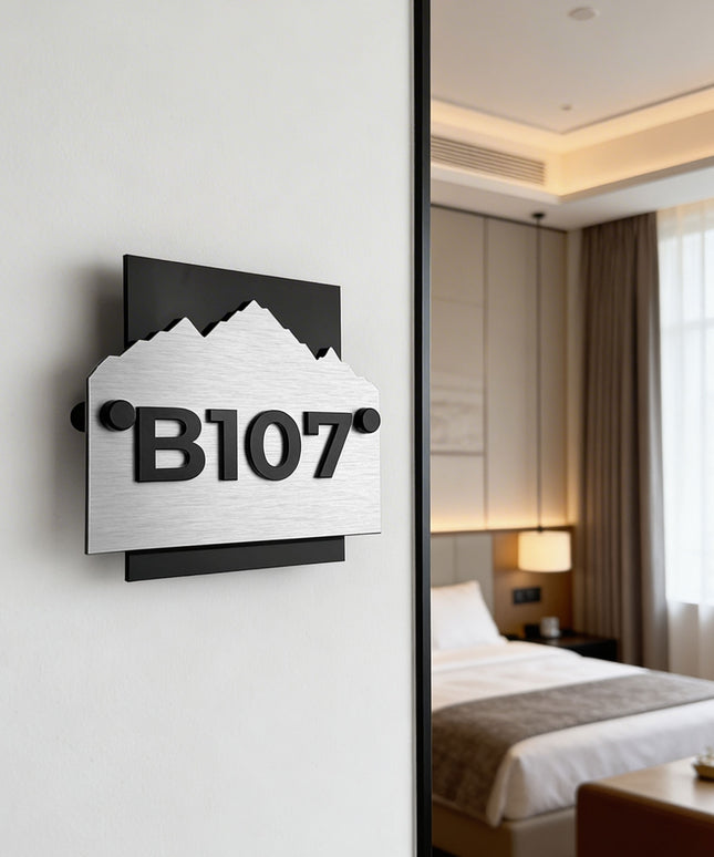 ALUMADESIGNCO Alpine Design custom hotel wall number plaque with brushed silver aluminum panel and raised black acrylic numbers, modern hotel room door signage for boutique hotels and apartments