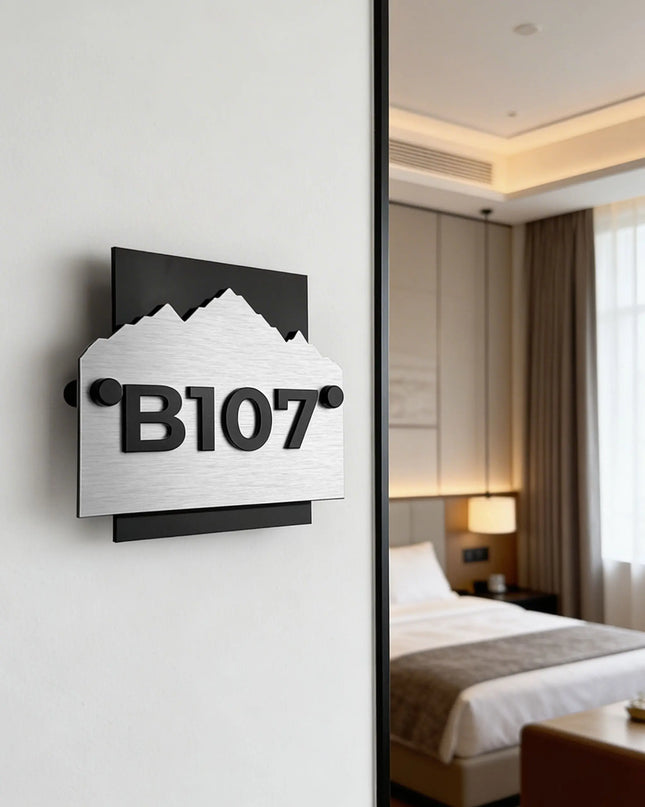 ALUMADESIGNCO Alpine Design custom hotel wall number plaque with brushed silver aluminum panel and raised black acrylic numbers, modern hotel room door signage for boutique hotels and apartments