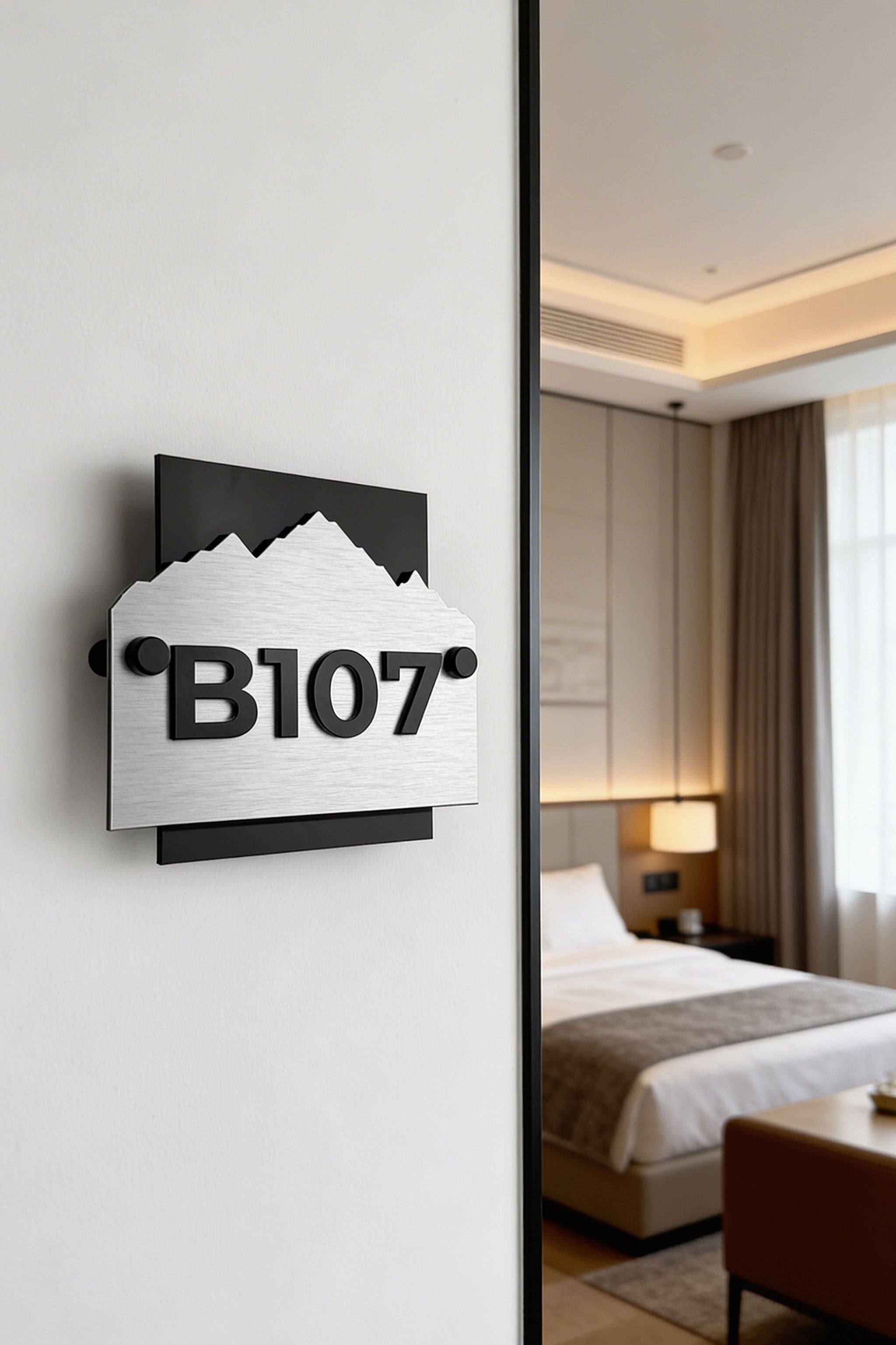 ALUMADESIGNCO Alpine Design custom hotel wall number plaque with brushed silver aluminum panel and raised black acrylic numbers, modern hotel room door signage for boutique hotels and apartments