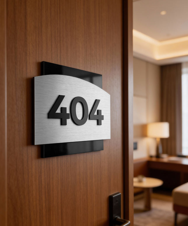 ALUMADESIGNCO modern interior room number sign with 3D design and raised acrylic numbers, premium hotel signage for hotels, apartments, Airbnb properties, and offices