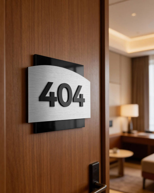 ALUMADESIGNCO modern interior room number sign with 3D design and raised acrylic numbers, premium hotel signage for hotels, apartments, Airbnb properties, and offices