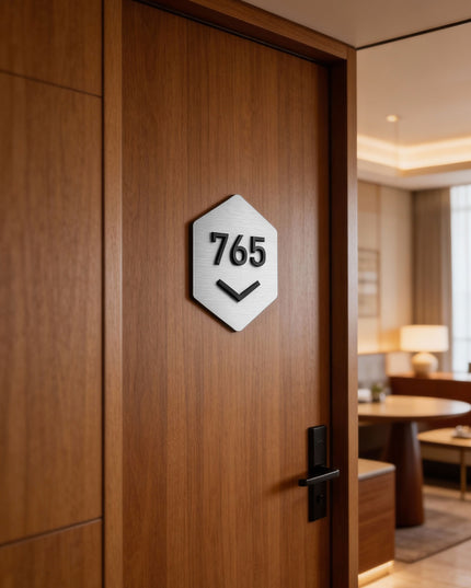 Modern Hexagon Design room number sign by ALUMADESIGNCO combining brushed silver metal panel and acrylic numbers, stylish door signage for hotels and apartments