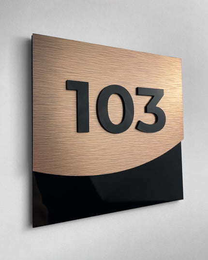 Contemporary bronze metal and acrylic glass suite number sign by ALUMADESIGNCO, elegant door plaque for hotel suites and apartment interiors