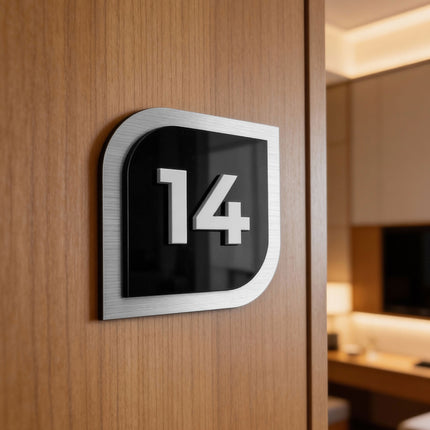 ALUMADESIGNCO 3D door number plate for hotel interior design with raised acrylic numbers, modern door signage for hotels, apartments, Airbnb properties, and offices