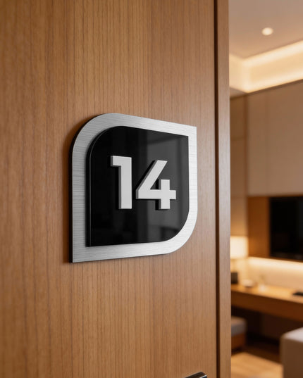 ALUMADESIGNCO 3D door number plate for hotel interior design with raised acrylic numbers, modern door signage for hotels, apartments, Airbnb properties, and offices