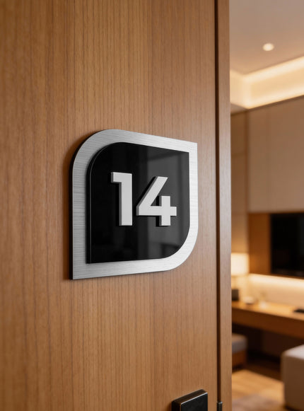 ALUMADESIGNCO 3D door number plate for hotel interior design with raised acrylic numbers, modern door signage for hotels, apartments, Airbnb properties, and offices