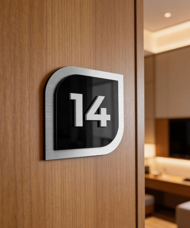 ALUMADESIGNCO 3D door number plate for hotel interior design with raised acrylic numbers, modern door signage for hotels, apartments, Airbnb properties, and offices