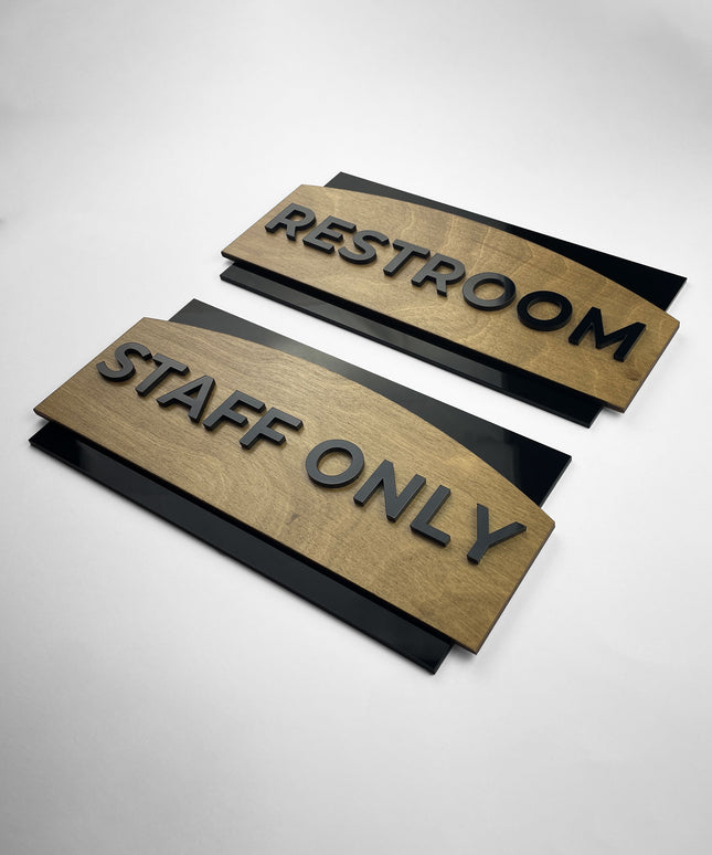 Custom birch wood finish and black acrylic door sign by ALUMADESIGNCO, elegant plaque for offices, Airbnb properties, and contemporary interiors