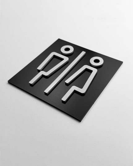 ALUMADESIGNCO women and men bathroom sign with modern restroom pictograms, premium toilet door signage for offices, hotels, cafés, and commercial interiors