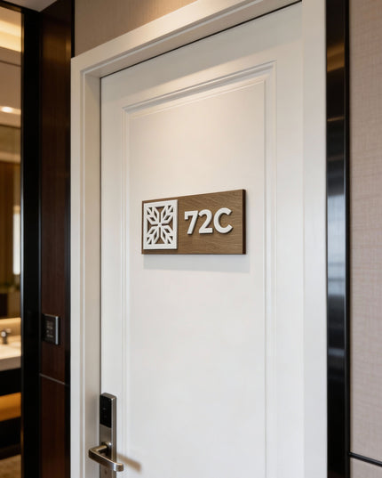 ALUMADESIGNCO wooden suite number sign with white acrylic glass and birch wood, premium door signage for hotels, apartments, Airbnb properties, and offices