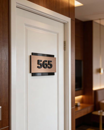 ALUMADESIGNCO hotel room number sign with brushed bronze finish and raised 3D acrylic characters, modern door signage for boutique hotels, apartments, and interiors