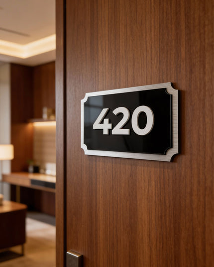 Retro Room Number Sign - 3D Layered Brushed Silver & Acrylic Glass - ALUMADESIGNCO Door Signs - Custom Door Signs For Business & Office