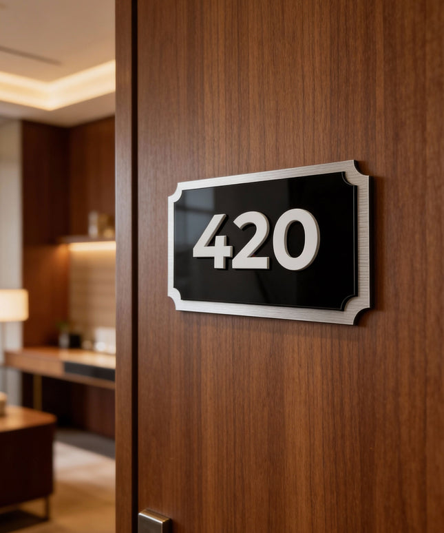 Retro Room Number Sign - 3D Layered Brushed Silver & Acrylic Glass - ALUMADESIGNCO Door Signs - Custom Door Signs For Business & Office