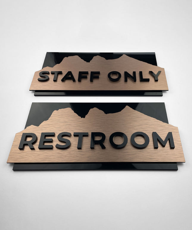 Custom brushed bronze and 3D black acrylic door sign by ALUMADESIGNCO, premium door plaque for hotel rooms, offices, and contemporary interiors