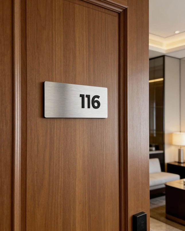 ALUMADESIGNCO Classic Design modern apartment room number sign with acrylic numbers, stylish door signage for apartments, hotels, Airbnb properties, and offices