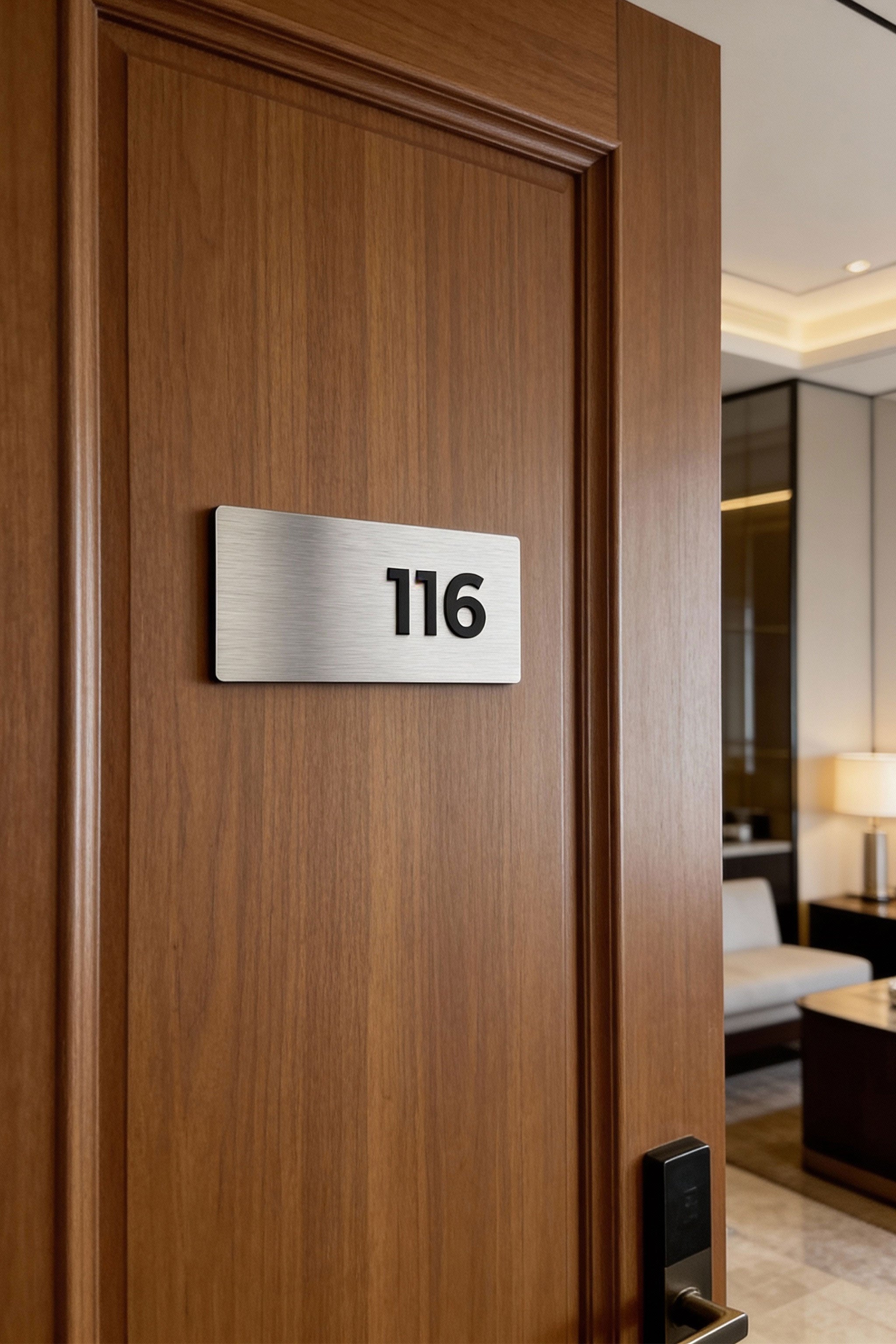 ALUMADESIGNCO Classic Design modern apartment room number sign with acrylic numbers, stylish door signage for apartments, hotels, Airbnb properties, and offices