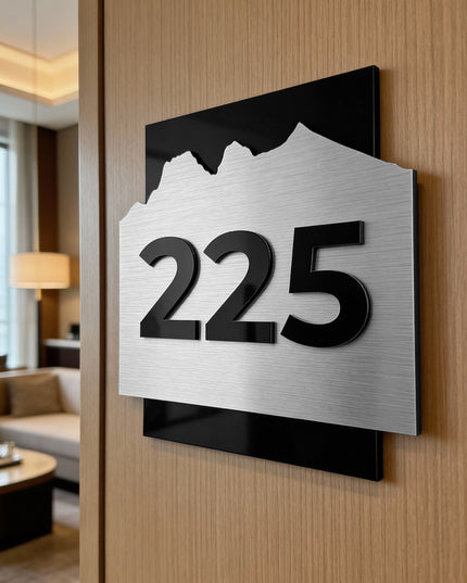 ALUMADESIGNCO Alpine Design hotel room number sign with brushed silver aluminum plaque and raised black acrylic numbers, modern hotel door number signage for boutique hotels and apartments