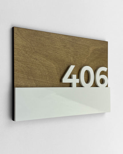 Birch wood interior door number sign Horizon Design by ALUMADESIGNCO featuring natural plywood base and raised glossy white acrylic glass numbers for modern hotel rooms and apartments