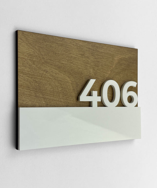 Birch wood interior door number sign Horizon Design by ALUMADESIGNCO featuring natural plywood base and raised glossy white acrylic glass numbers for modern hotel rooms and apartments