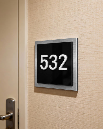 Modern 3D layered apartment door number plaque by ALUMADESIGNCO combining multiple materials and acrylic numbers, stylish signage for apartments and hotels