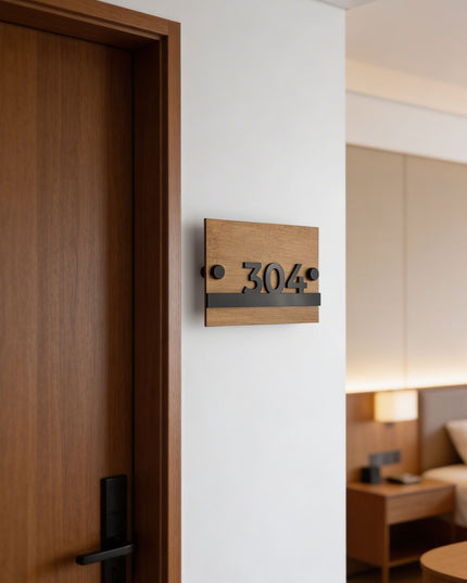 ALUMADESIGNCO Horizon Design wooden standoff apartment door number sign with natural birch wood plaque and raised acrylic numbers, modern wall signage for apartments and hotel corridors