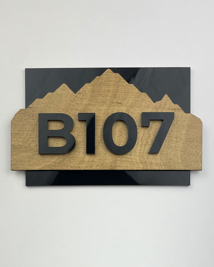 ALUMADESIGNCO Alpine Design hotel room number sign made from natural birch wood and black acrylic numbers, modern Scandinavian wood and acrylic door number plaque for hotels, apartments, and Airbnb interiors