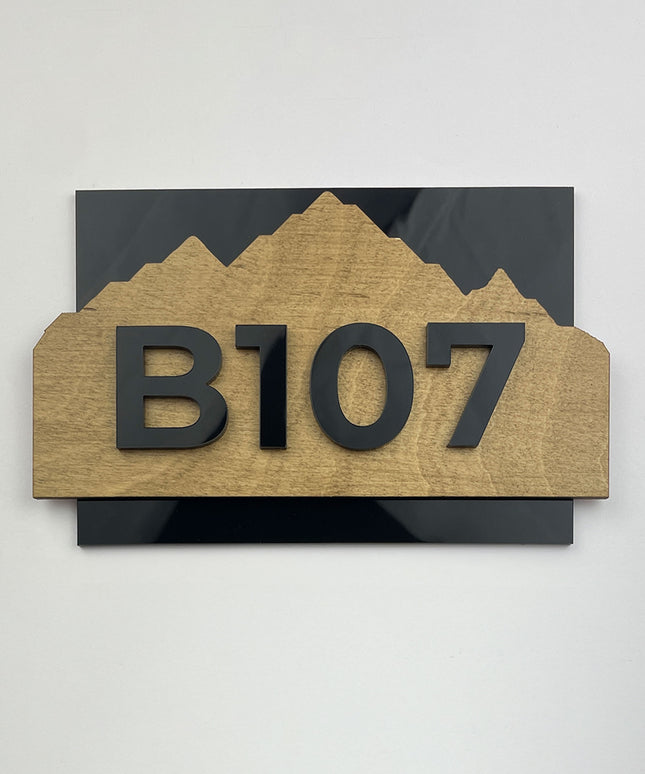 ALUMADESIGNCO Alpine Design hotel room number sign made from natural birch wood and black acrylic numbers, modern Scandinavian wood and acrylic door number plaque for hotels, apartments, and Airbnb interiors