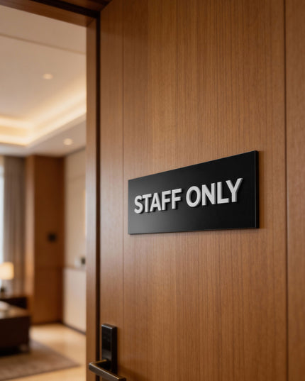 ALUMADESIGNCO elegant black door name plate with white acrylic lettering, custom signage for offices, hotels, apartments, and contemporary interior spaces