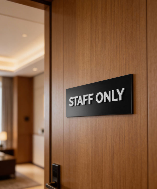 ALUMADESIGNCO elegant black door name plate with white acrylic lettering, custom signage for offices, hotels, apartments, and contemporary interior spaces