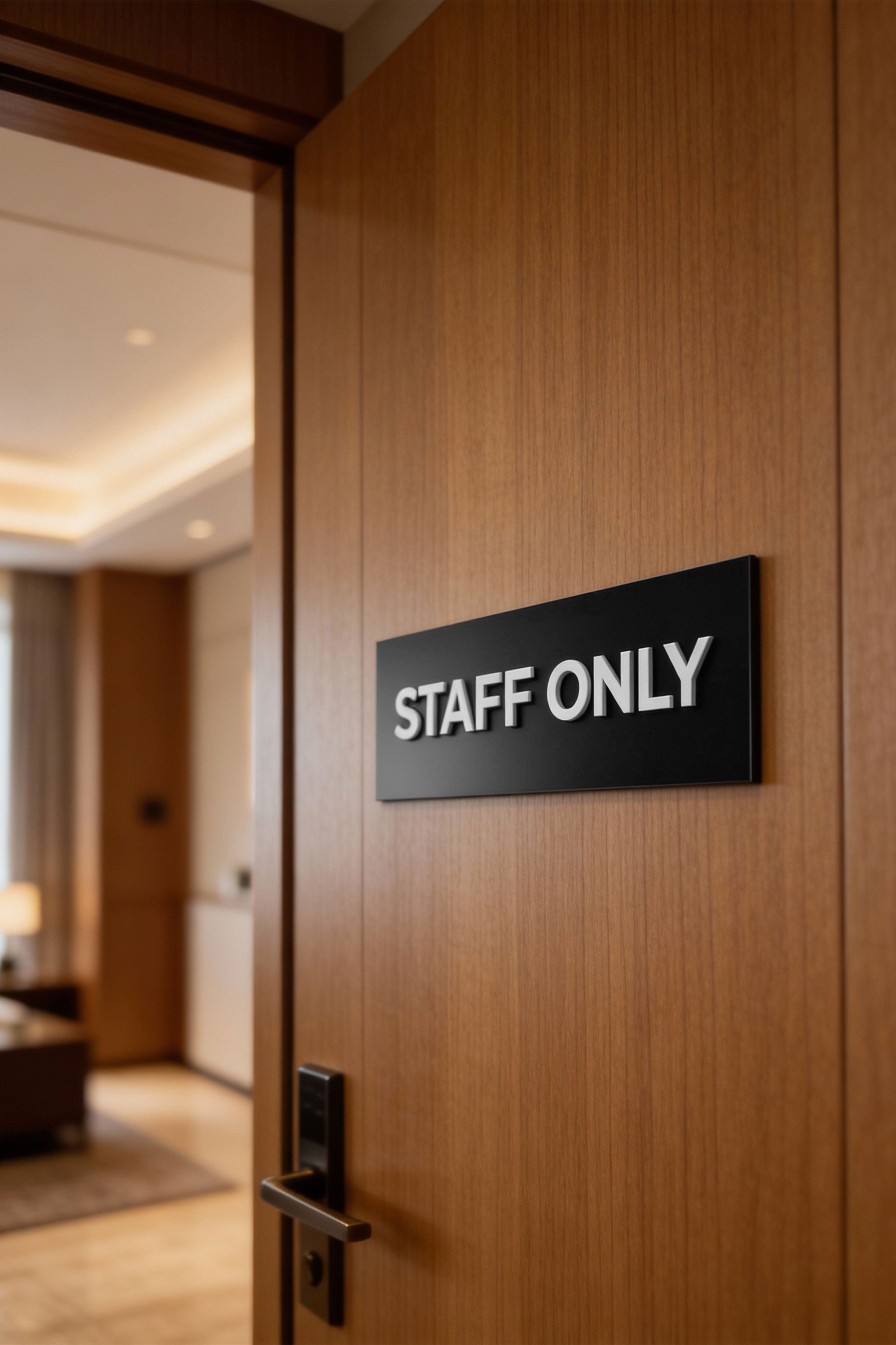 ALUMADESIGNCO elegant black door name plate with white acrylic lettering, custom signage for offices, hotels, apartments, and contemporary interior spaces