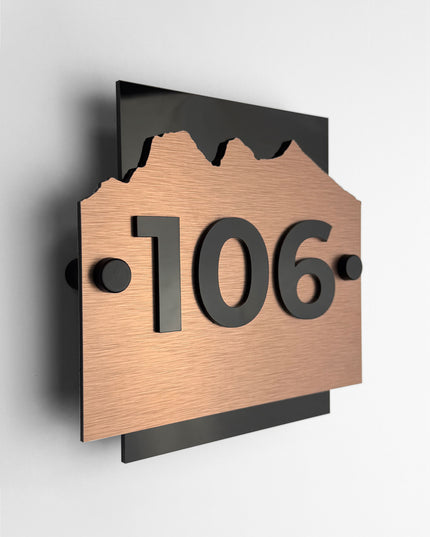 ALUMADESIGNCO Alpine Design standoff wall number sign in brushed bronze and black acrylic with raised 3D numbers, modern hotel room and apartment door signage