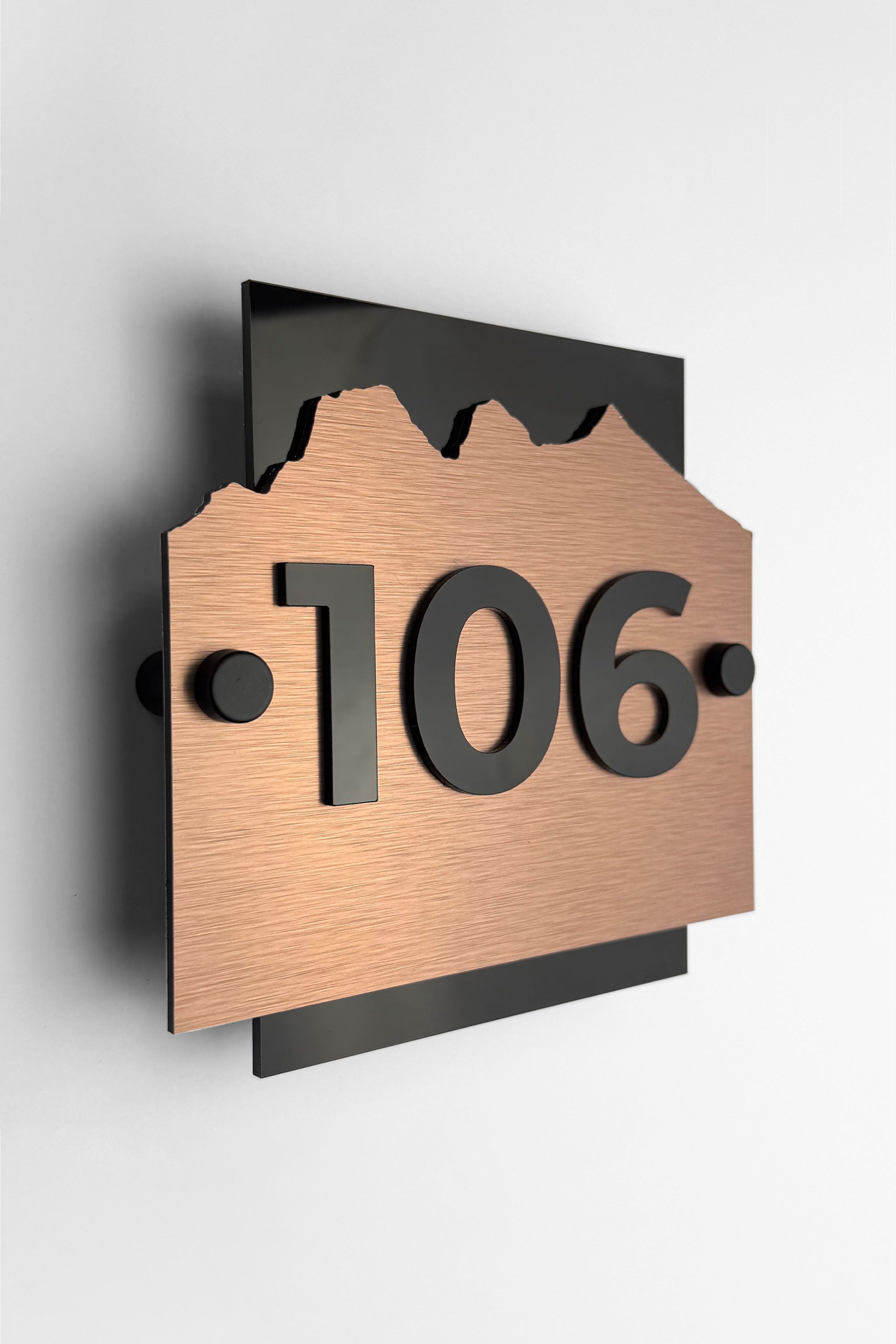 ALUMADESIGNCO Alpine Design standoff wall number sign in brushed bronze and black acrylic with raised 3D numbers, modern hotel room and apartment door signage