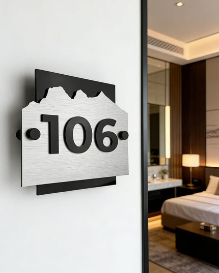 ALUMADESIGNCO brushed silver and acrylic Alpine Design standoff hotel room sign with minimalist modern style, elegant door number plaque for boutique hotels and hospitality interiors
