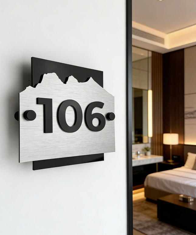 ALUMADESIGNCO brushed silver and acrylic Alpine Design standoff hotel room sign with minimalist modern style, elegant door number plaque for boutique hotels and hospitality interiors