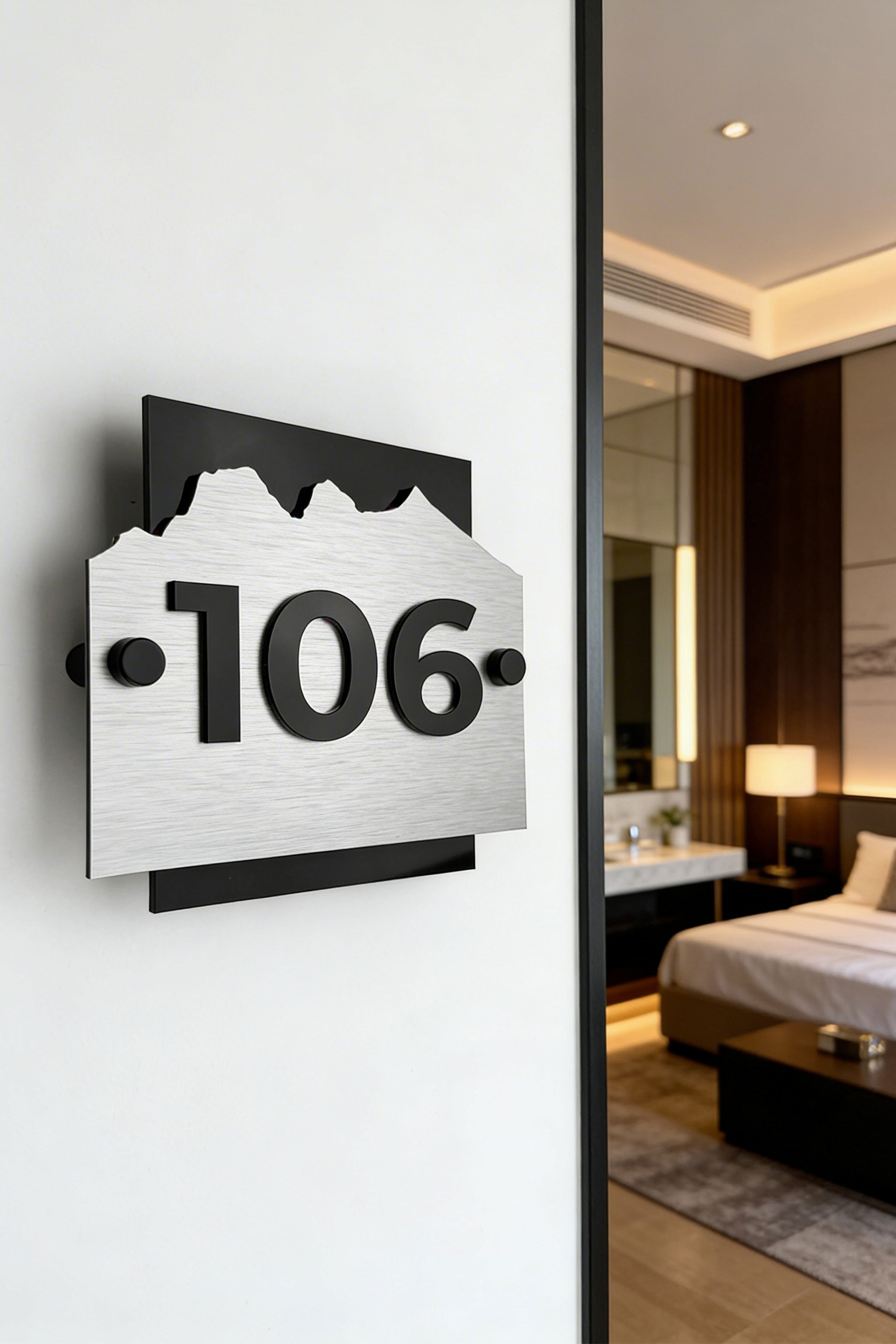 ALUMADESIGNCO brushed silver and acrylic Alpine Design standoff hotel room sign with minimalist modern style, elegant door number plaque for boutique hotels and hospitality interiors