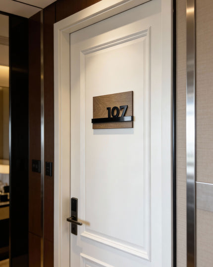 ALUMADESIGNCO Horizon Design wooden apartment door number sign with 3D glossy black acrylic numbers, modern wall plaque for apartments, hotels, and Airbnb interiors