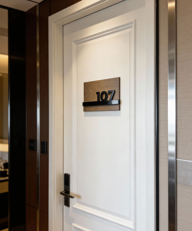 ALUMADESIGNCO Horizon Design wooden apartment door number sign with 3D glossy black acrylic numbers, modern wall plaque for apartments, hotels, and Airbnb interiors