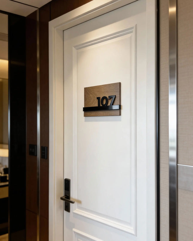 ALUMADESIGNCO Horizon Design wooden apartment door number sign with 3D glossy black acrylic numbers, modern wall plaque for apartments, hotels, and Airbnb interiors