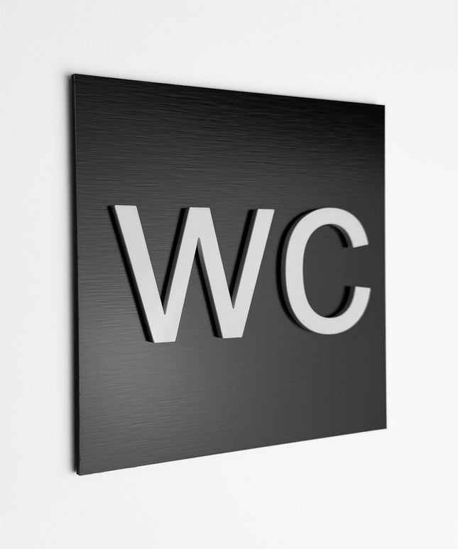 ALUMADESIGNCO WC bathroom sign with modern restroom pictogram, premium toilet door signage for offices, hotels, cafés, and commercial interiors