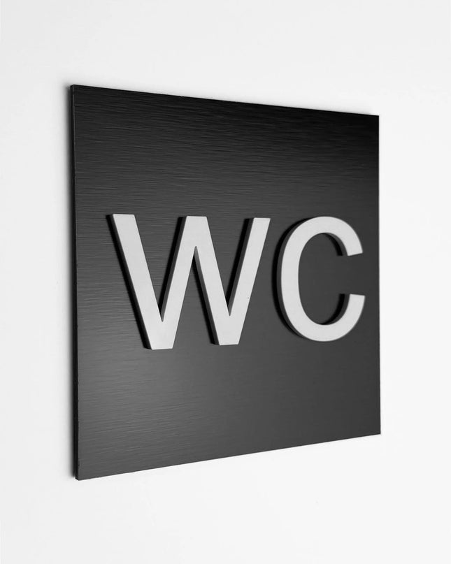 ALUMADESIGNCO WC bathroom sign with modern restroom pictogram, premium toilet door signage for offices, hotels, cafés, and commercial interiors
