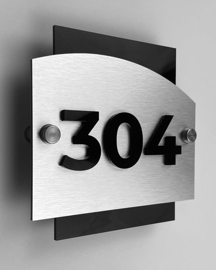ALUMADESIGNCO Flow brushed silver room number plaque with 3D acrylic numbers, modern hotel door signage for boutique hotels, Airbnb properties, and apartments